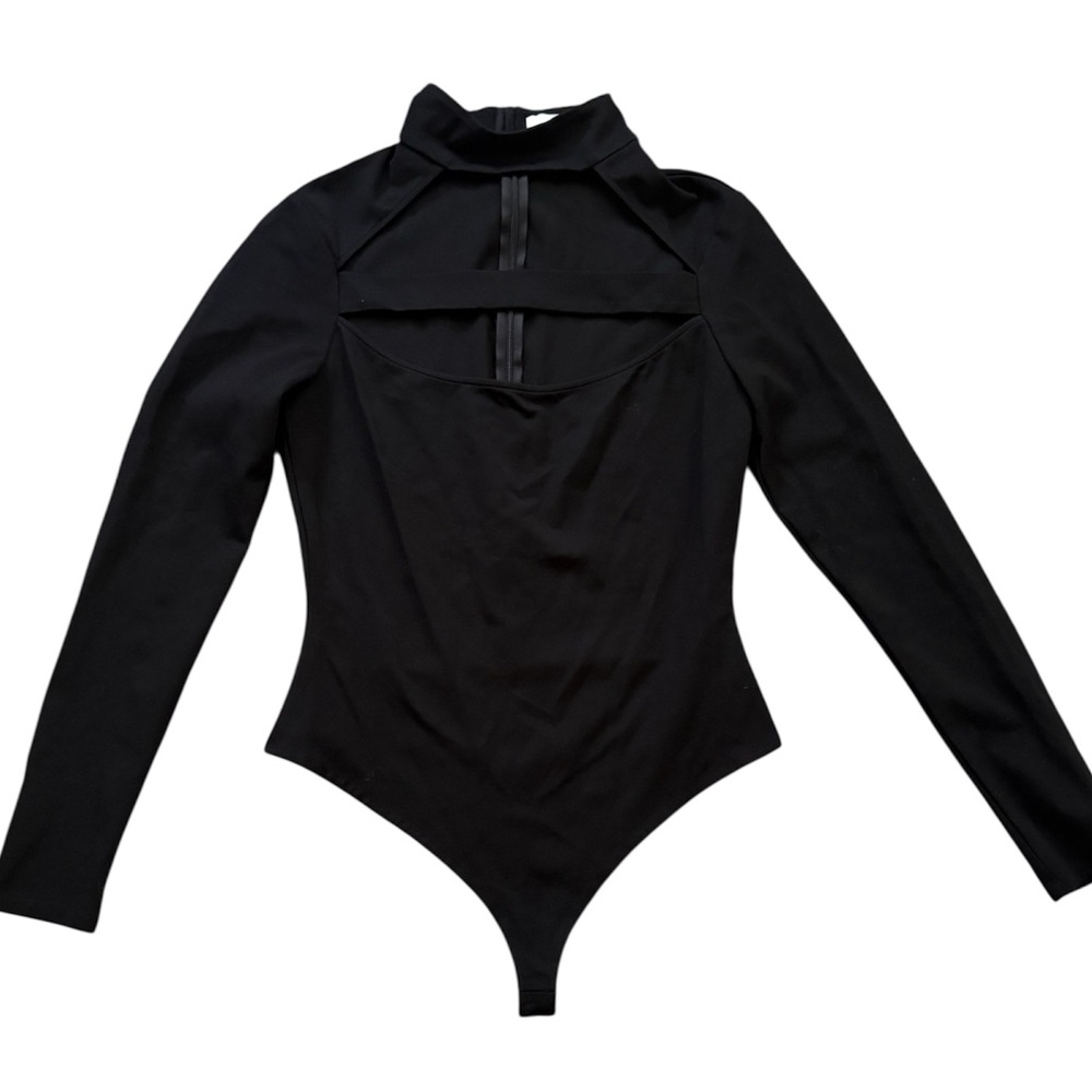 Large Revolve LPA Black High Neck Chest Cutout Thong Bosysuit